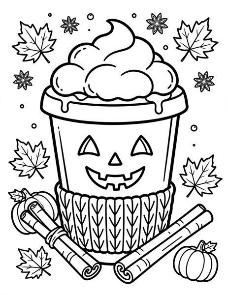 Pumpkin Spice Cup coloring page: A cozy pumpkin-spice latte with a jack-o'-lantern grin.