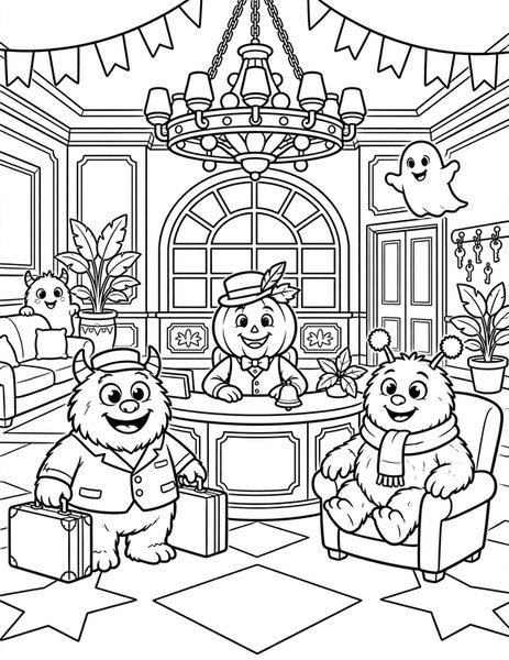 Monster Hotel coloring page: Check in to the grand monster hotel.