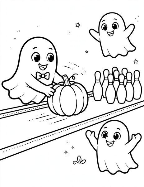 Ghost Bowling coloring page: Strike! With a pumpkin ball.