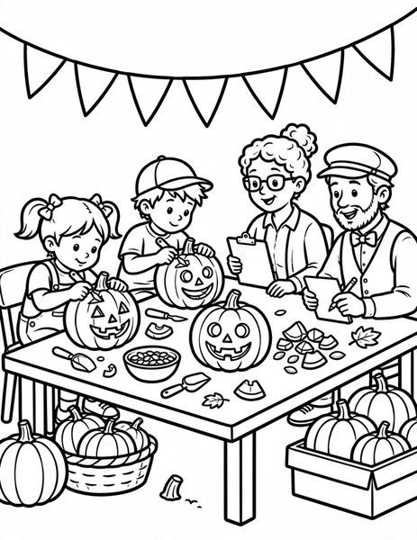 Pumpkin Carving Contest coloring page: Carve the silliest jack-o'-lantern.