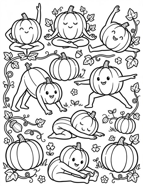 Pumpkin Yoga Class coloring page: Pumpkins stretch into silly poses.