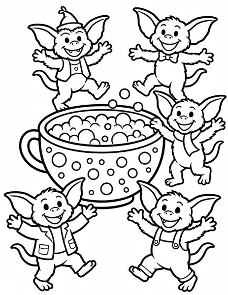 Gremlin Party coloring page: A group of giggling gremlins dances around a bubbling punch bowl.