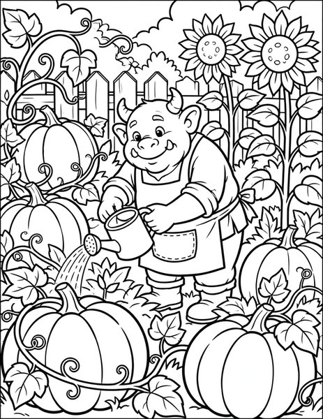 Ogre's Garden coloring page: A gentle ogre tends a garden of giant pumpkins and sunflowers.