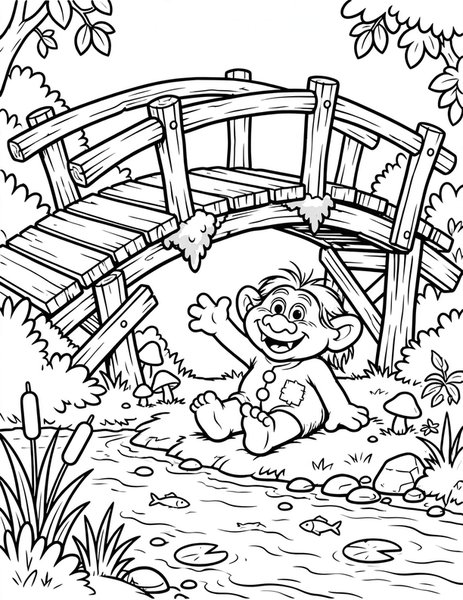 Troll Under the Bridge coloring page: A friendly troll waves from under a crooked wooden bridge over a stream.