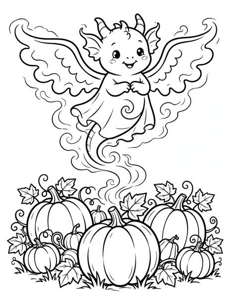 Ghost Dragon coloring page: A baby dragon ghost floats above a pumpkin patch breathing sparkles.