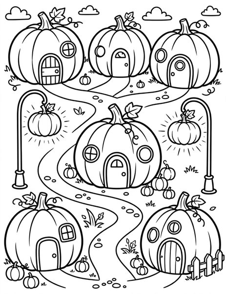 Pumpkin Village coloring page: A tiny pumpkin village with round pumpkin houses and pumpkin streetlamps.