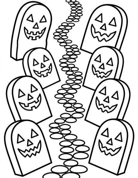 Tombstone Alley coloring page: A tombstone alley where silly stone markers lean at funny angles.