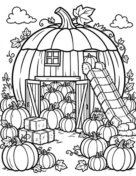 Pumpkin Barn coloring page: A pumpkin barn stuffed with prize pumpkins and a hay bale slide.