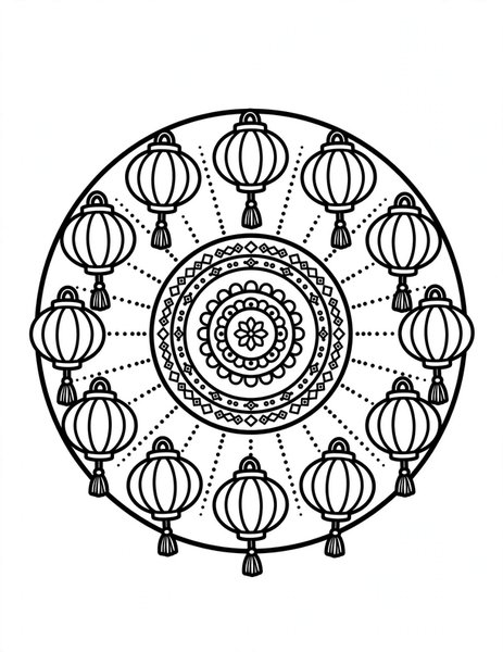 Lantern Glow Mandala coloring page: Paper lanterns glow in a ring.