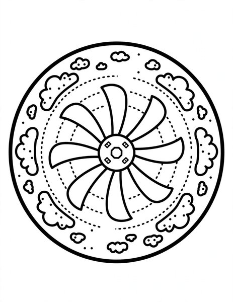 Windmill Spin Mandala coloring page: Windmill blades whirl in circles.