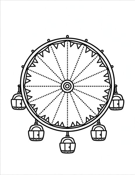 Ferris Wheel Mandala coloring page: Gondolas swing around a big wheel.
