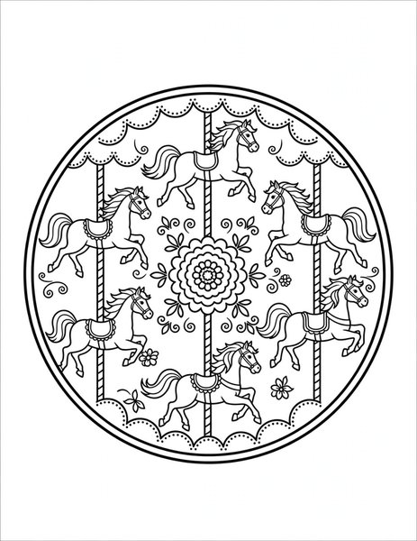 Carousel Horse Mandala coloring page: Horses prance around a carousel.