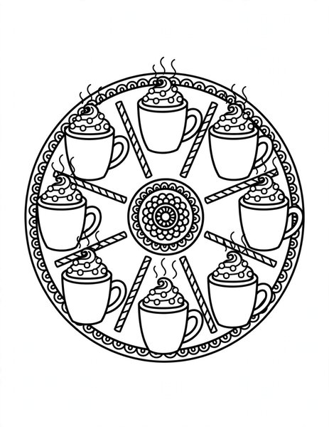 Hot Cocoa Mandala coloring page: Mugs of cocoa ring the center.