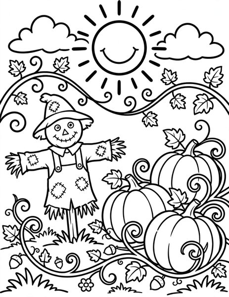 Pumpkin Patch coloring page: Big pumpkins rest on the vines.