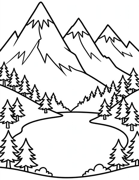 Snowy Peaks coloring page: Snowcaps tower over a mountain lake.