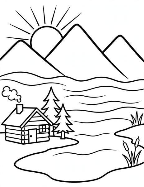 Mountain Lake coloring page: A cabin sits by still water.