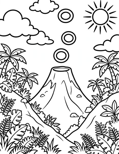Volcano coloring page: A volcano puffs smoke rings.