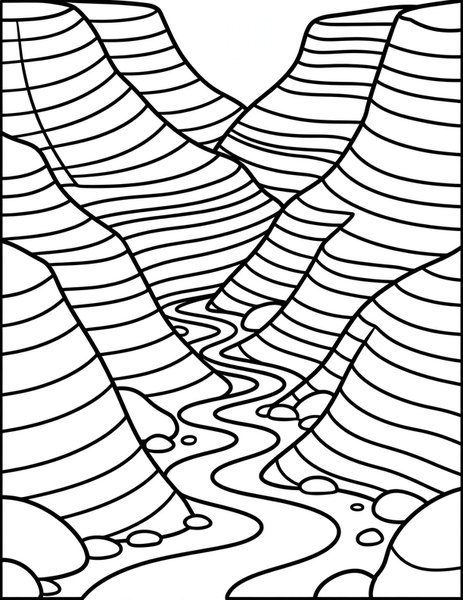 Grand Canyon coloring page: Striped rock layers carve the canyon.