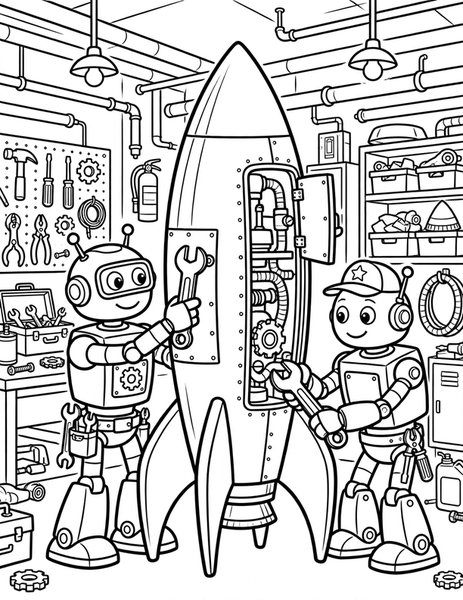 Rocket Garage coloring page: Mechanics tune up a speedy rocket in a space garage.