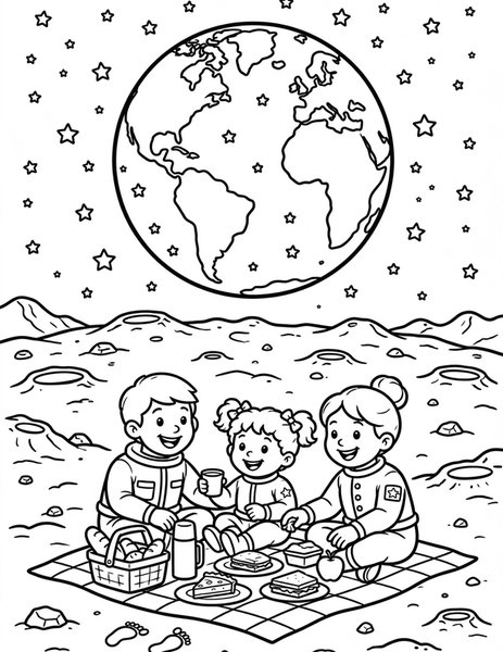 Moon Picnic coloring page: A family picnics on the moon with Earth in the sky.