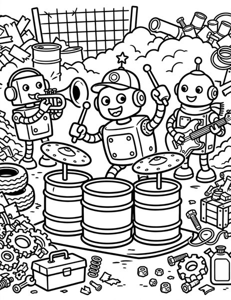 Robot Drummer coloring page: A robot rocks the drums in a junkyard band.