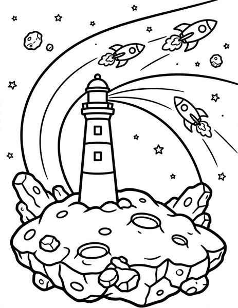 Space Lighthouse coloring page: A lighthouse guides rockets past an asteroid field.