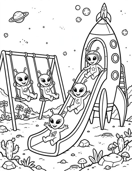 Alien Playground coloring page: Alien kids slide down a rocket-shaped slide.