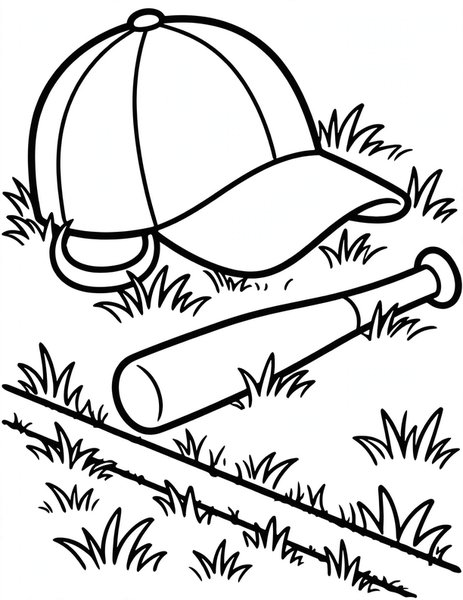 Baseball Cap coloring page: A cap and bat rest on the grass.