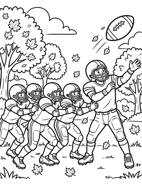 Quarterback Throw coloring page: The quarterback launches a long pass.
