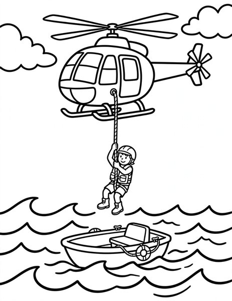 Helicopter Rescue coloring page: A helicopter lowers a rescuer to a boat.