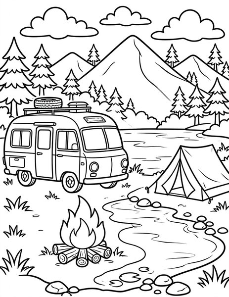 Camper Van coloring page: A camper van parks by a mountain lake.