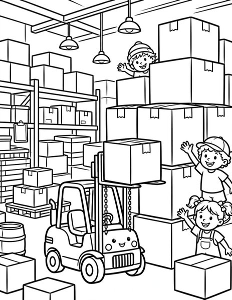 Forklift Fun coloring page: A forklift stacks boxes in a warehouse.