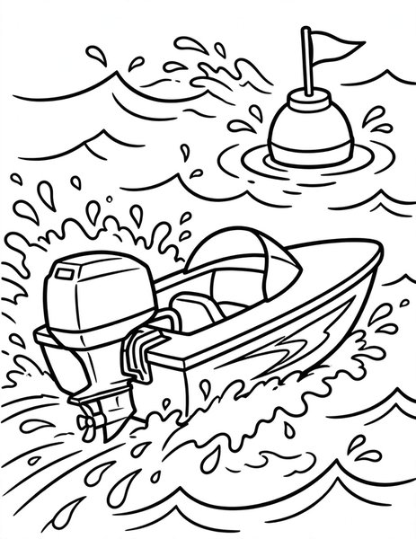 Race Boat coloring page: A race boat speeds through ocean spray.