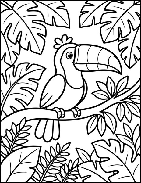 Toucan Time coloring page: A toucan perches on a rainforest branch.