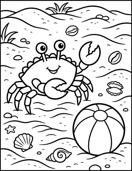 Crab Walk coloring page: A red crab scuttles sideways on the sand.