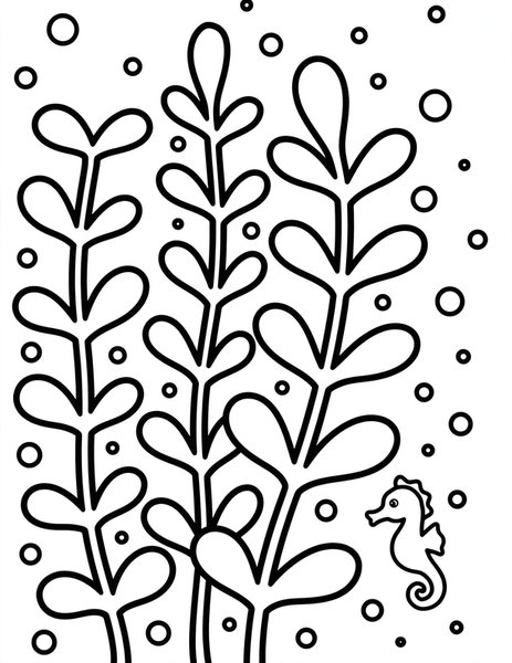 Seahorse Drift coloring page: A tiny seahorse drifts near seaweed.