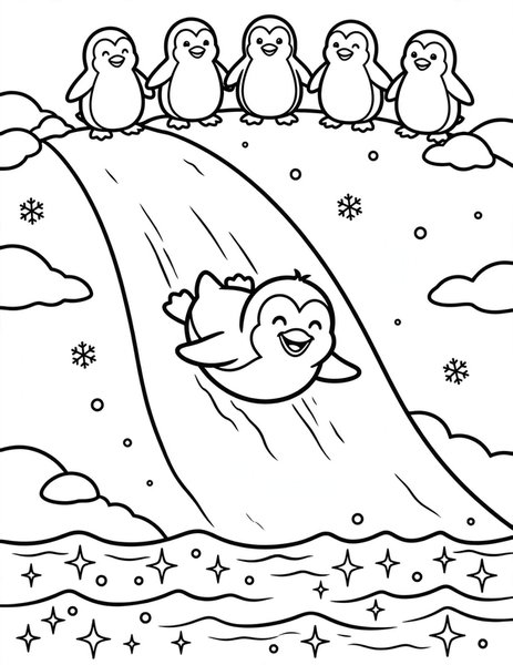 Penguin Slide coloring page: A penguin slides down an icy hill.