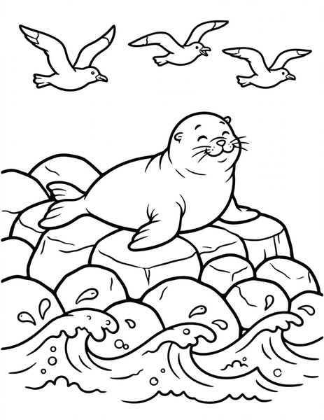 Seal Sunbath coloring page: A chubby seal lounges on warm rocks.