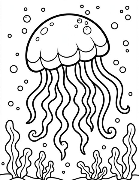 Jellyfish Float coloring page: A jellyfish drifts in the deep blue.
