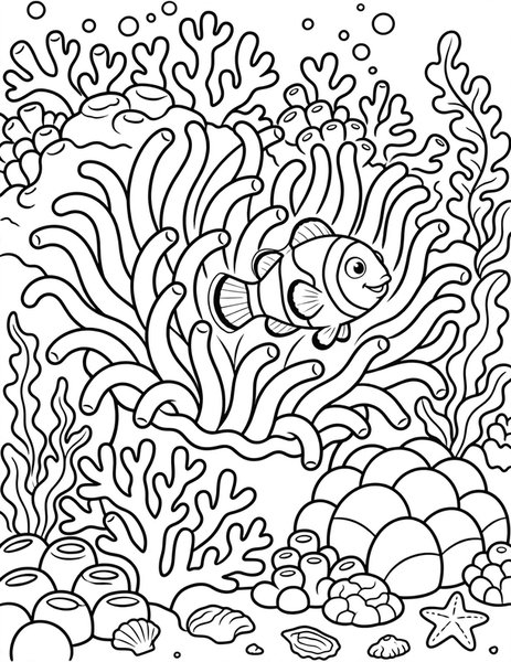 Clownfish Home coloring page: A clownfish darts through its anemone.