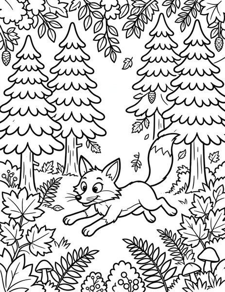 Clever Fox coloring page: A clever red fox pounces in a leafy forest.