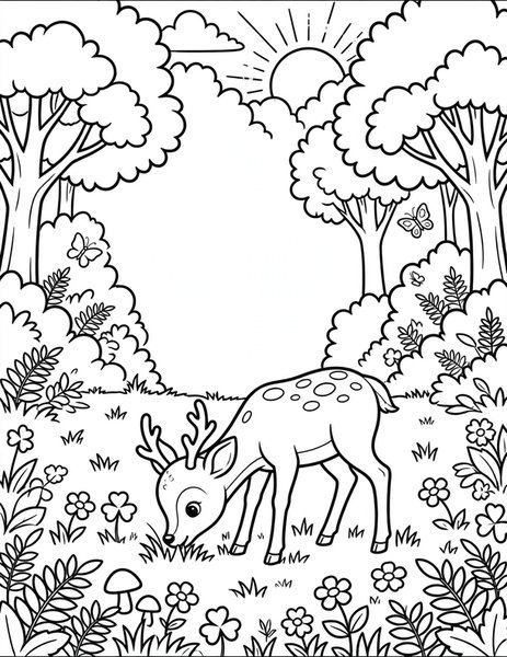 Deer in Meadow coloring page: A gentle deer grazes at the forest edge.