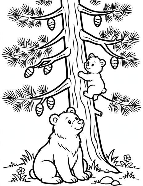 Bear Cub coloring page: A bear cub climbs a sturdy pine tree.
