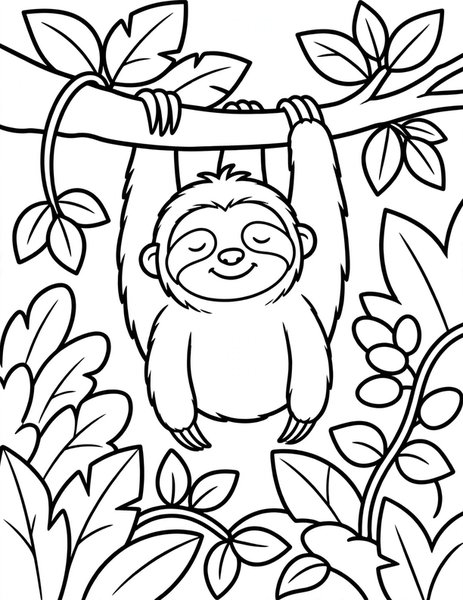 Sleepy Sloth coloring page: A sloth hangs upside down from a tree.
