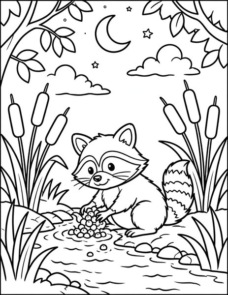 Raccoon Night coloring page: A raccoon washes berries by the creek.