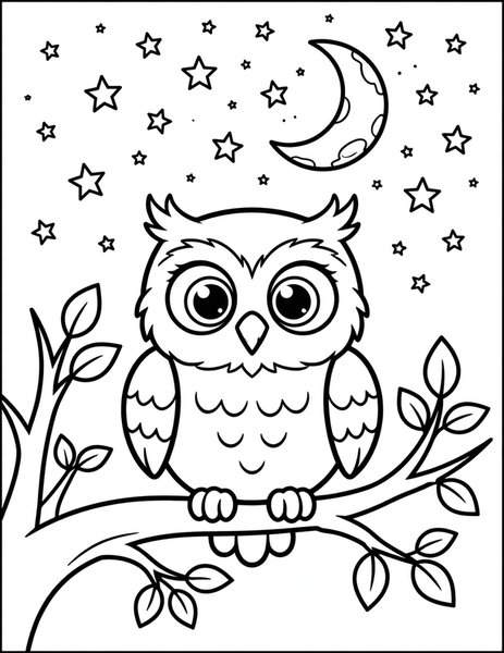 Wise Owl coloring page: An owl watches from a moonlit branch.