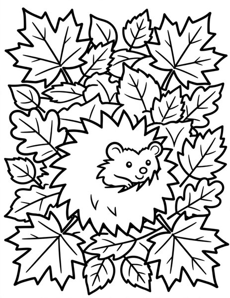 Hedgehog Hideout coloring page: A hedgehog curls under autumn leaves.