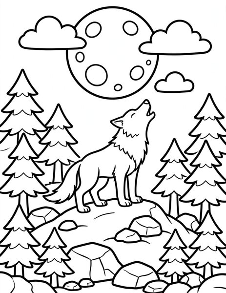 Howling Wolf coloring page: A wolf howls at the full moon.