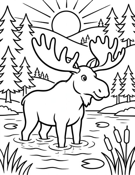 Mighty Moose coloring page: A moose wades through a forest lake.