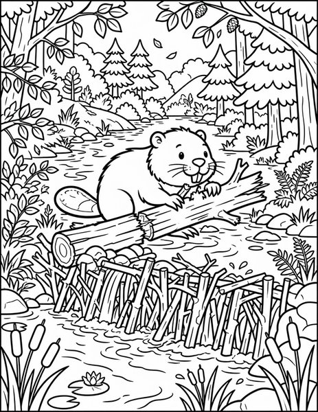 Busy Beaver coloring page: A beaver gnaws a log by the dam.